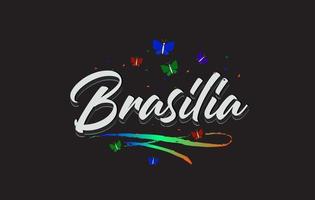 White Brasilia Handwritten Vector Word Text with Butterflies and Colorful Swoosh.