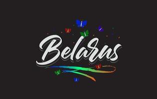 White Belarus Handwritten Vector Word Text with Butterflies and Colorful Swoosh.