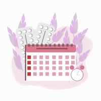 Woman contraception calendar and blisters stock vector illustration. Graphic composition of medical, gynecology healthcare, birth planing concept. Flat design isolated on white background