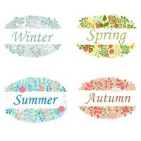 Set from four seasons of year, oval floral frames with text Winter, spring, summer, autumn in vector design. colors of seasons. Isolated on white background, graphic editable Illustration.