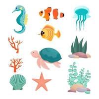 Set from seahorse, turtle, exotic fish, clown fish, jellyfish, starfish, seashell, corals, underwater plants in vector design. Isolated objects on white background.