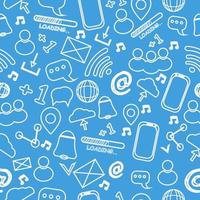 Doodle seamless pattern with social media elements, objects in vector design. Graphic trendy ornament. Bright global symbols. Simple Illustration