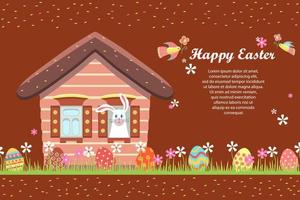 Happy Easter greeting card, holiday invitation. Fairytale house, an Easter bunny peeps out the window. Painted eggs are hidden in the grass with flowers. Sale, children's egg hunt. Vector illustration