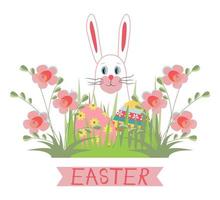 Happy easter poster. Easter bunny hid in flower bed. Multi colored eggs with pattern lie in grass. White cute hare to create postcard, invitation, flyer. Handwritten Easter text. Vector illustration