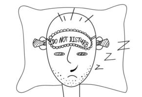 A man with a blindfold lies on the bed. Cartoon male character with earplugs and sleep mask. On the mask text Do Not Disturb. Smiling bald man with head on pillow. Line drawing, vector illustration