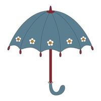 Blue open umbrella vintage fashion. Colorful umbrella with black contours. Dome of umbrella is decorated with white flowers. Isolated object on white background. Flat vector cartoon illustration