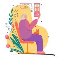 Call your mom. Cartoon illustration for mother's day. Elderly woman sits on bench, holds smartphone. Cat lies on the grandmother's lap. Video link, talk, chat with daughter. Senior woman with phone vector