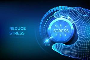 Stress levels knob button. Wireframe hand turning a stress level knob to the minimum position. Concept of emotional overload, burnout, tiring, boring, positive, frustration. Vector illustration.