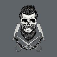 Breaded hipster skull with crossed razors and scissors. Vintage barbershop logo, icon or sign,  vector illustration