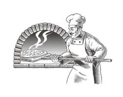Italian chef cook, pizza and oven. Pizza maker or pizzaiolo engraving style vector illustration.