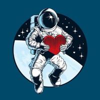 Astronaut in outer space holding a red heart. Greeting card or banner for Valentine's day. Cosmonaut vector illustration.