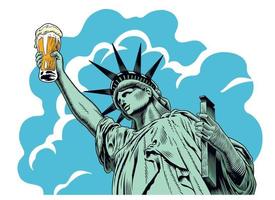 Statue of liberty holding a beer glass. Comic style engraving style vector illustration.