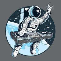 Astronaut dj with turntable in the space. Universe disco party comic style vector illustration.
