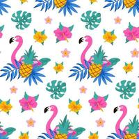 Hand drawn tropical seamless pattern with flamingo, palm tree, monstera leaves and pineapple on white background. Vector illustration
