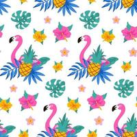 Hand drawn tropical seamless pattern with flamingo, palm tree, monstera leaves and pineapple on white background. Vector illustration