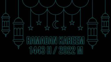 luzes de neon animadas com sinais ou símbolos de lanternas, lua, estrelas e a inscrição ramadan kareem 1443 h ou 2022 m. fundo islâmico