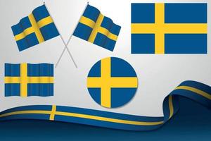 Set Of Sweden Flags In Different Designs, Icon, Flaying Flags With ribbon With Background. vector