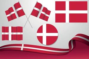 Set Of Denmark Flags In Different Designs, Icon, Flaying Flags With ribbon With Background. vector