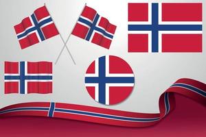 Set Of Norway Flags In Different Designs, Icon, Flaying Flags With ribbon With Background. vector