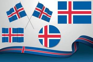 conjunto de banderas de islandia en diferentes diseños, icono, banderas desolladas con cinta con fondo. vector