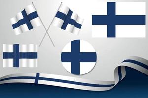 Set Of Finland Flags In Different Designs, Icon, Flaying Flags With ribbon With Background. vector