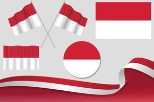 Set Of Monaco Flags In Different Designs, Icon, Flaying Flags With ribbon With Background. Free Vector