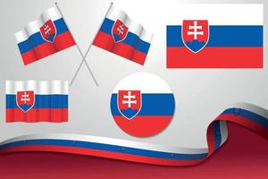 Set Of Slovakia Flags In Different Designs, Icon, Flaying Flags With ribbon With Background. vector