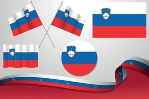 Set Of Slovenia Flags In Different Designs, Icon, Flaying Flags With ribbon With Background. vector