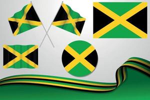 Set Of Jamaica Flags In Different Designs, Icon, Flaying Flags With ribbon With Background. vector