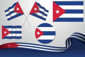 Set Of Cuba Flags In Different Designs, Icon, Flaying Flags With ribbon With Background. vector