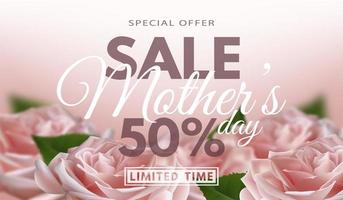 Special offer. Mother's day sale banner with realistic rose flowers and advertising discount text decoration. Vector illustration