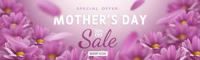 oferta especial. banner de venta del día de la madre con flores de crisantemo realistas y decoración de texto de descuento publicitario. ilustración vectorial
