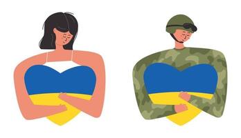 mujer y soldado abrazando el corazón con la bandera ucraniana, ilustración vectorial plana aislada en el fondo blanco. personaje triste durante la guerra rezando por la paz. militar con uniforme de camuflaje. apoyar a ucrania.