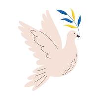 Dove flying and holding plant in colors of Ukrainian flag, flat vector illustration isolated on white background. Symbol of world peace and support during war in Ukraine. Pigeon and freedom sticker.