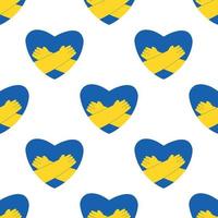 Ukraine seamless pattern with hands hugging heart in colors of Ukrainian flag, flat vector illustration on white. Background with concepts of peace and humanitarian help or support during war.