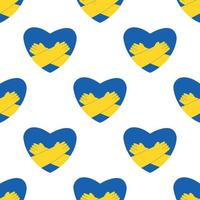 Ukraine seamless pattern with hands hugging heart in colors of Ukrainian flag, flat vector illustration on white. Background with concepts of peace and humanitarian help or support during war.