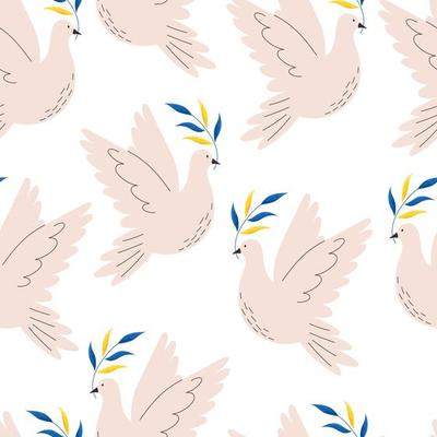 Dove flying with branch in colors of Ukrainian flag, flat seamless pattern illustration on white background. Pigeon bird as symbol of world peace and freedom for Ukraine during war time.