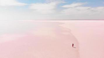 Aerial view young caucasian woman alone walk and explore Tuz salt lake in central anatolia, Turkey video