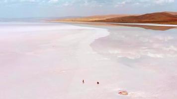 Aerial top vie couple travel explore together walk on salt lake. Boyfriend take photographs of girlfriend outdoors on while walk on salt lake outdoors video