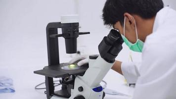 joven científica mirando microscopio con muestra en placa en laboratorio médico