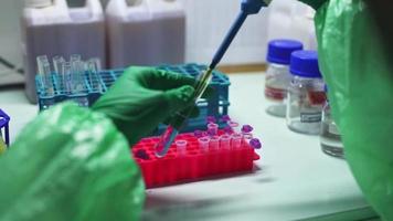 Close up scientist using pipette transfer sample to Micro Centrifuge Tube for PCR test in Biosafety cabinet. video