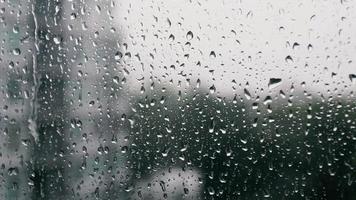 gotas de chuva em uma vidraça, edifícios ao fundo. video