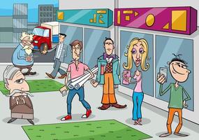 personajes de dibujos animados en la calle en la ciudad vector