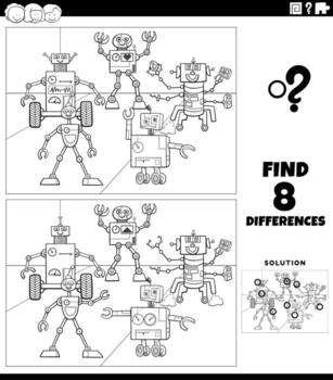 differences educational task with robots coloring book page vector