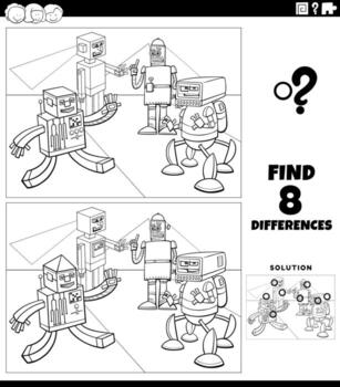 differences educational game with robots coloring book page vector