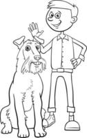 cartoon boy character with dog coloring book page vector