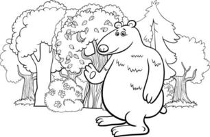 cartoon bear animal character and forest coloring book page vector