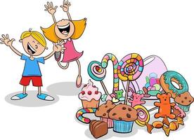 personajes infantiles de dibujos animados y un montón de dulces. vector