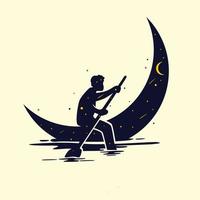 silhouette of people rowing moon boat vector
