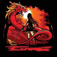 ilustración vectorial de espadachín femenino frente a un dragón